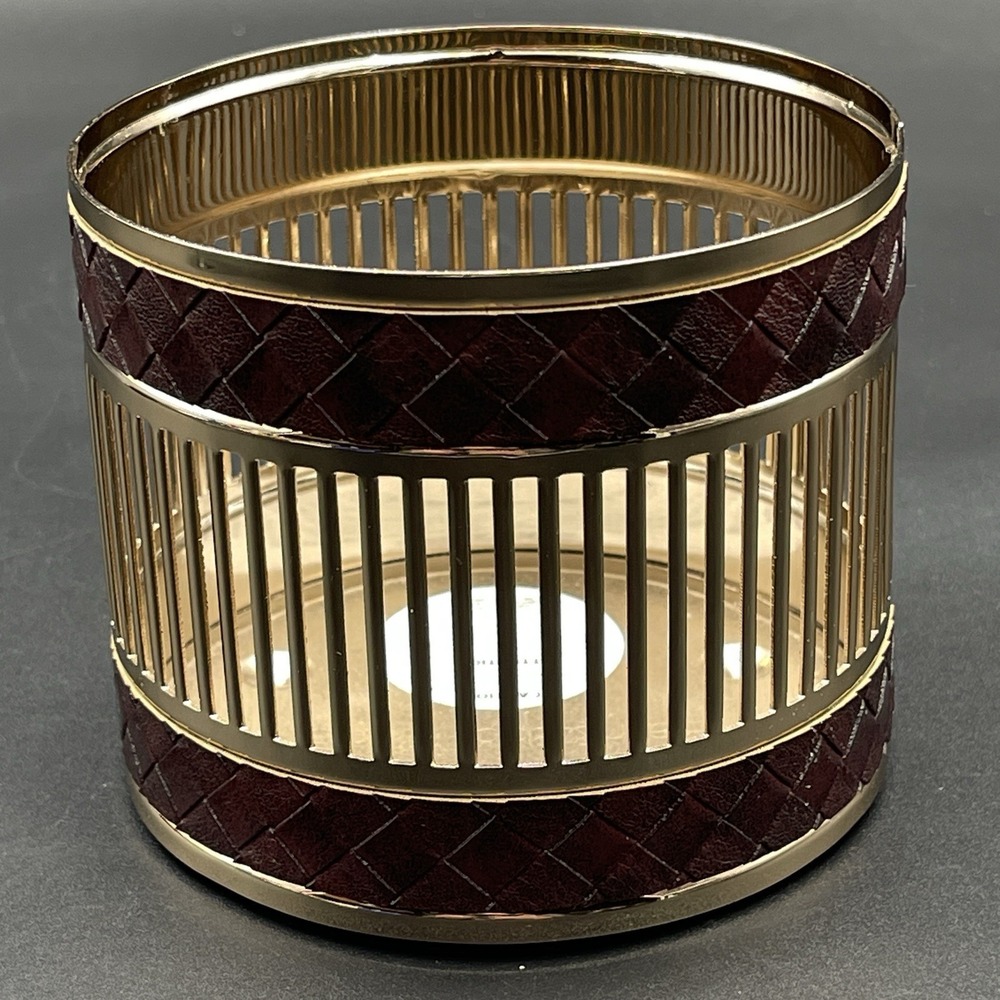 Bath & Body Works Candle Holder Gold Metal Lattice Brown Faux Leather Sleeve